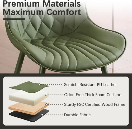 Miniatura 6 de YOUTASTE Juego de 2 sillas de comedor tapizadas de cuero, color verde oliva, modernas y cómodas sillas de comedor de cocina de mediados de siglo