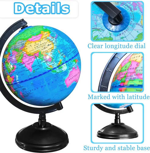 Miniatura 4 de Globo Geográfico Mundial de 6 Pulgadas, Globos Educativos para Niños con Soporte, Globos Decorativos Rotatorios del Mapa Mundial, Globo Político