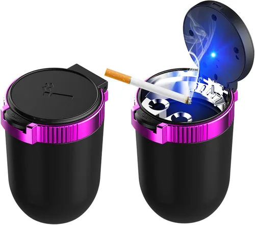 Miniatura 7 de Ohleats Cenicero de coche con tapa, cenicero desmontable de acero inoxidable con luz LED azul, cenicero portátil mini para vehículo, portavasos