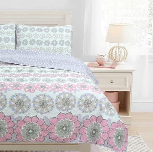 Miniatura 11 de Cozy Line Home Fashions Juego de ropa de cama reversible para niña, color rosa, verde, azul, naranja, colorido, floral, fantasía, colcha