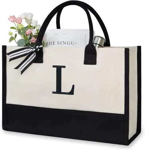 Miniatura 120 de TOPDesign - Bolso de playa de lona con inicial personalizada, bolsa de regalo con monograma, para mujer