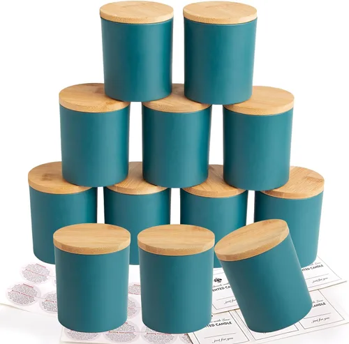 CONNOO Paquete de 12 tarros de vela de vidrio azul marino de 10 onzas para hacer velas con tapas herméticas de bambú, bonitas etiquetas de