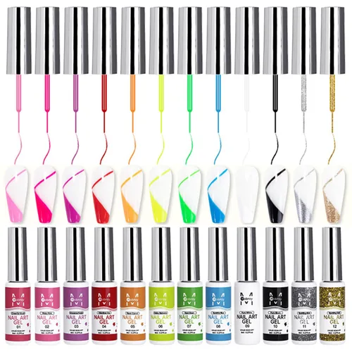 Fcozpjk Juego de esmalte de gel para uñas con líneas de arte, kit de 12 colores con pintura neón rosa y verde y pincel fino, para quitar con Negro