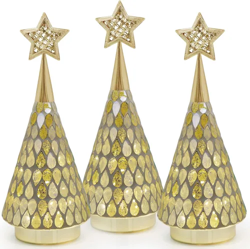 Miniatura 9 de Árbol de Navidad de vidrio con mosaico dorado con estrella, 2 piezas de árboles de Navidad pequeños de mesa con luz, árbol de Navidad a