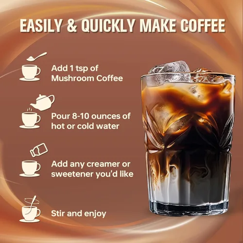 Miniatura 6 de Café de hongos, café instantáneo de hongos en polvo con 6 hongos adaptogénicos (Cordyceps, melena de león, shiitake, cola de pavo) y aceite MCT