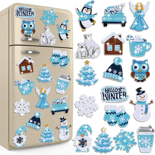 Umigy 16 piezas de arte de diamantes de invierno 5D pingüino copo de nieve muñeco de nieve pintura de diamantes de imitación para nevera calcomanías