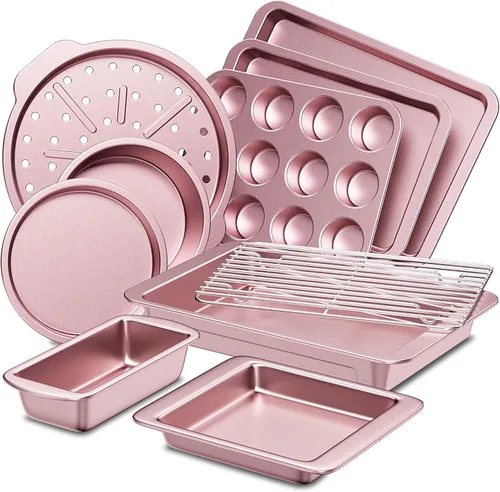 Miniatura 11 de Juegos de utensilios de hornear HONGBAKE, juego de sartenes para hornear, sartén antiadherente para horno de cocina con asas más anchas, juego de 10
