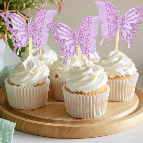 Miniatura 4 de Chinco 48 piezas de decoración de pastel de mariposa, decoración de cupcakes de doble capa ensamblada, decoración de pastel de 3D con purpurina