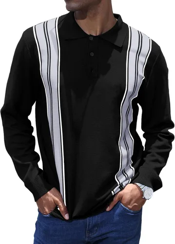 Miniatura 5 de CTU Camisas polo de manga larga a rayas vintage para hombre, camisas de golf