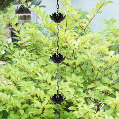 Miniatura 4 de Rifachua Cadena de lluvia negra de 8.5 pies para canaletas y bajantes exteriores, copas de cadena de lluvia de loto chapado en negro, reemplazo