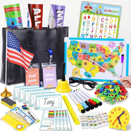 Juegos de simulación escolar de Gifts2U para niños - Con bolsa de maestra, pizarra, reloj educativo, carteles educativos y suministros de juguetes
