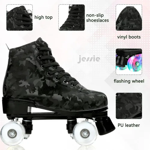 Miniatura 3 de jessie Patines de ruedas para exteriores para mujeres y adultos, con ruedas iluminadas, patines quad negros para hombres, jóvenes, niños y niñas