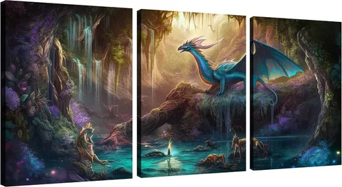 Miniatura 9 de Arte de pared de dragón psicodélico, pintura al óleo de dragón espíritu azul sobre lienzo, arte de pared para decoración moderna del hogar con arte