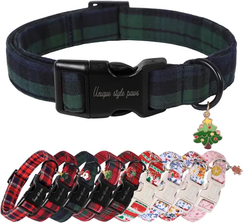 Miniatura 15 de Collar de perro de Navidad de Unique Style Paws con hebilla de plástico y colgante, a cuadros rojo y negro, collares de algodón para cachorros