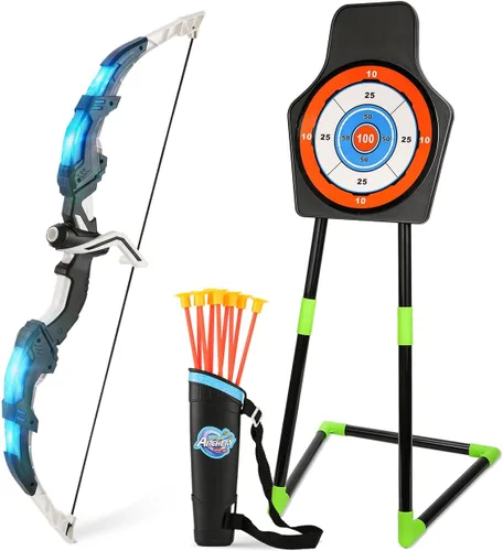 Juego de arco y flecha para niños con luz LED, juego de tiro con arco con 10 flechas de ventosa, juguetes para interiores y exteriores con objetivo