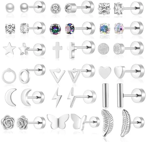 18 pares de aretes tipo dormilona para mujeres y hombres, de acero inoxidable quirúrgico 316L, hipoalergénicos, con parte trasera plana, aretes de