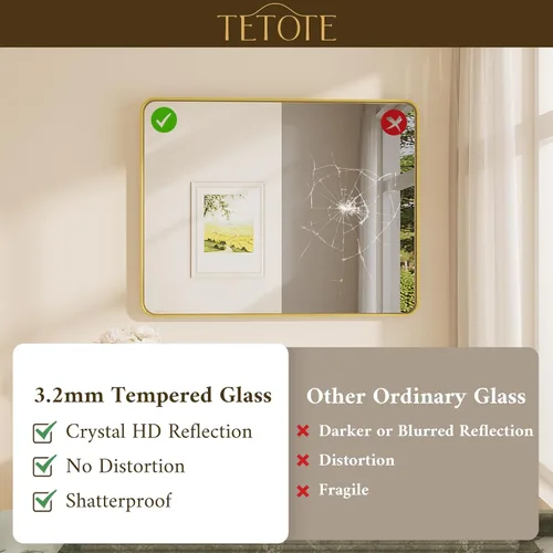 Miniatura 4 de TETOTE Espejo de marco dorado cepillado de 16 x 24 pulgadas, espejo de tocador de baño de latón dorado para pared, espejo enmarcado rectangular