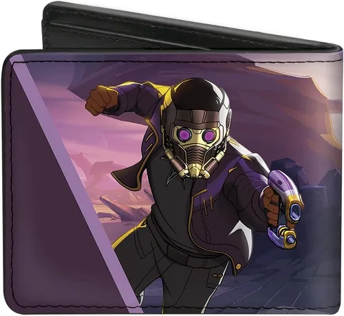 Miniatura 2 de Buckle-Down Billetera de cómics para hombre, plegable, Marvel Studios What If TChalla Star Lord Logo y Action Pose, cuero vegano, What If, 4.0 x 3.5