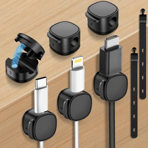 Miniatura 9 de Paquete de 6, clips magnéticos para cables y bridas de silicona [organizador de cables ajustable debajo del escritorio], gestión de cables, soporte