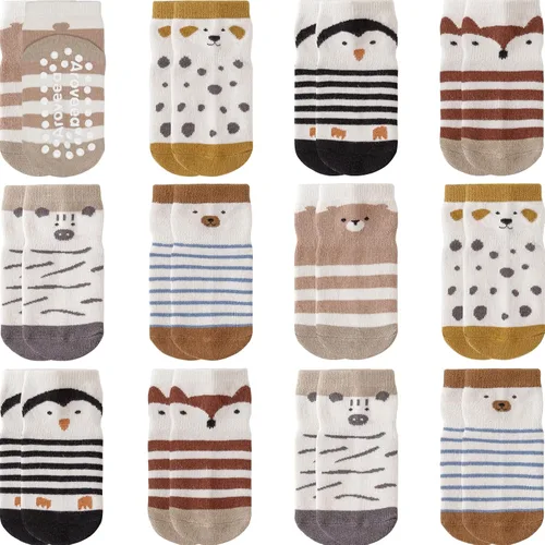 Miniatura 25 de Calcetines con Agarre Antideslizantes de Algodón para Bebés y Niños Pequeños, Niños y Niñas, Paquete de 12 Calcetines de Tobillo Lindos para Niños