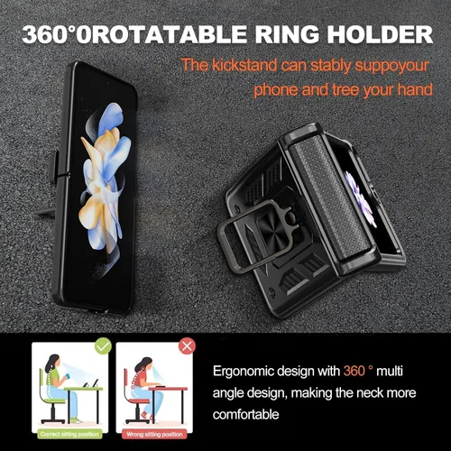 Miniatura 7 de Funda para Samsung Galaxy Z Flip 5 5G con protección de bisagra, cubierta de cámara deslizante resistente militar para caídas, soporte magnético