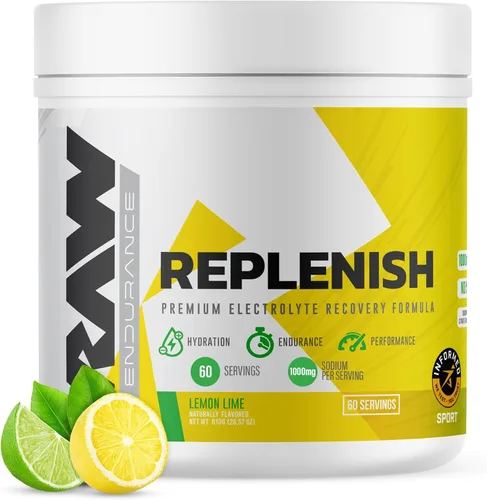 RAW Replenish, fórmula de recuperación de electrolitos en polvo premium, limón lima (60 porciones) – Suplemento de mezcla de bebida de electrolitos