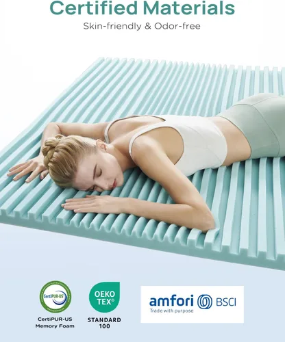 Miniatura 5 de Releep Cubrecolchón de espuma viscoelástica con gel refrescante de 2 pulgadas tamaño King, Cubrecolchón de cama de 5 zonas para alivio del dolor