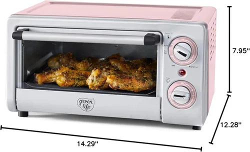 Miniatura 10 de GreenLife Horno tostador de encimera con freidora de aire de acero inoxidable, cerámica antiadherente saludable, libre de PFAS, bandeja y cesta, Rosa