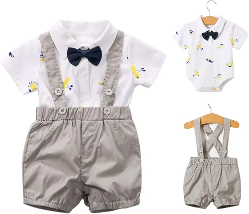 YFYBaby Conjunto de ropa de caballero para bebés recién nacidos y niños, camisa de manga corta + pantalones con peto + overol con lazo