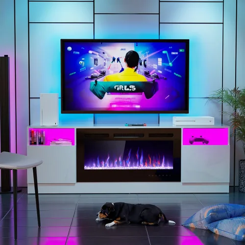Spurgehom Soporte de TV con chimenea de 70 pulgadas para televisores de hasta 80 pulgadas con chimenea eléctrica de 36 pulgadas, consola de TV para