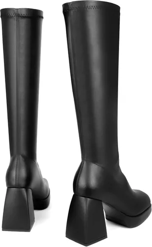 Miniatura 4 de Botas de cuero negro con plataforma para mujer, botas de tacón grueso con punta cuadrada