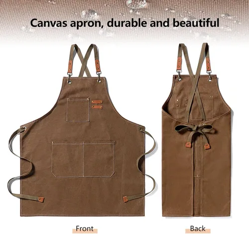 Miniatura 8 de Adjustable Canvas Apron with 3 Pockets for Men Women,Cross Back Work Apron,Durable Kitchen Apron for Cooking Caqui