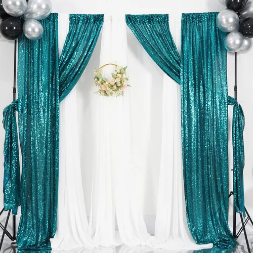Miniatura 5 de Poise3EHome Cortina de fondo de lentejuelas color verde azulado, 4 paneles de 2 x 8 pies, fondo con purpurina para fiestas, cumpleaños, baby shower