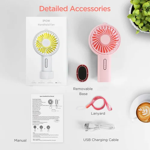 Miniatura 6 de IPOW Mini ventilador de mano portátil personal de 3 velocidades ángulo ajustable base extraíble cordón de recarga USB funciona con pilas, ventilador
