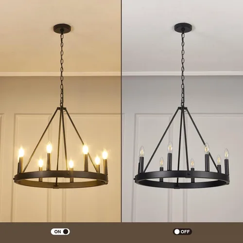 Miniatura 5 de Candelabro de 8 luces con rueda de carro, de 24 pulgadas, color negro, redondo, para comedor, moderna e industrial, isla de cocina, lámparas