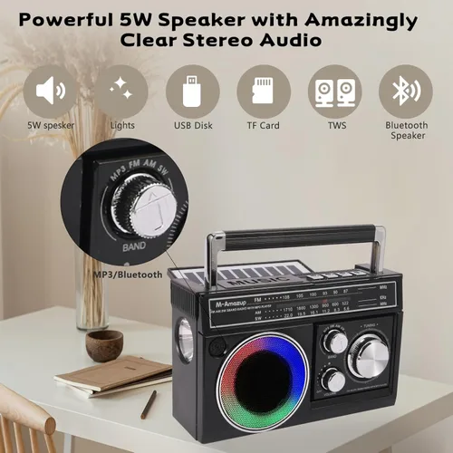 Miniatura 4 de Radios portátil AM FM, radio portátil retro con altavoz Bluetooth y linterna, recepción fuerte con luces de humor coloridas, tarjeta TF, energía