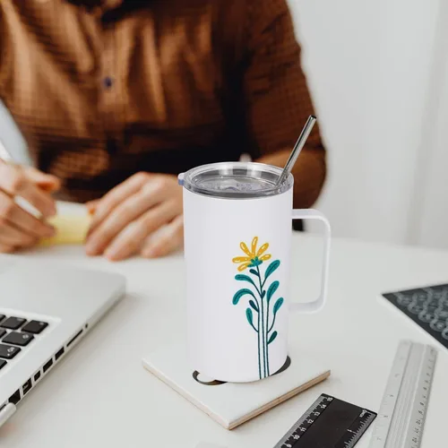 Miniatura 7 de 4 vasos delgados en blanco de sublimación de 24 onzas, tazas blancas con asa y pajita, taza recta de viaje de acero inoxidable de doble pared