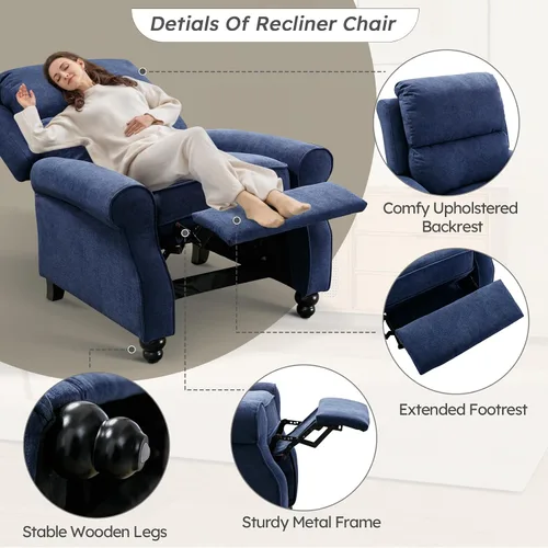 Miniatura 4 de Bonzy Home Sillón reclinable de tela manual para adultos, silla reclinable para sala de estar y dormitorio de color azul marino