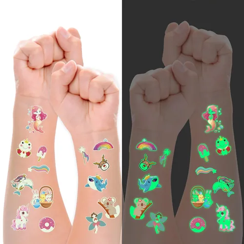 Miniatura 5 de 380 Estilos (30 Hojas) Tatuajes Luminosos para Niños, Adhesivos de Tatuajes Temporales de Estilos Variados con Sirena/Dinosaurio/Espacio/Unicornio