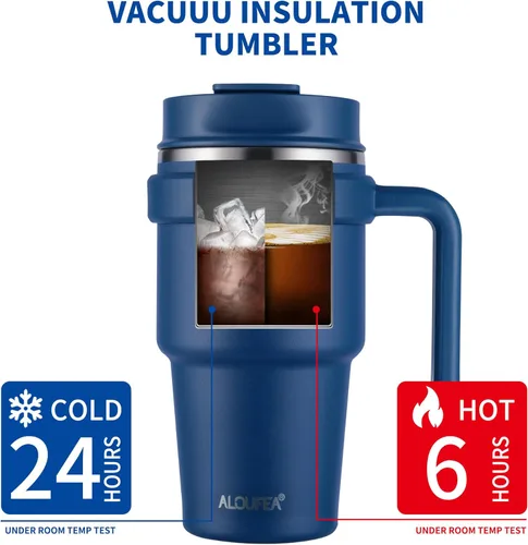 Miniatura 4 de Taza de café aislada de 20 onzas con asa, vaso de viaje de acero inoxidable con tapa y pajilla, taza térmica de doble pared al vacío a prueba