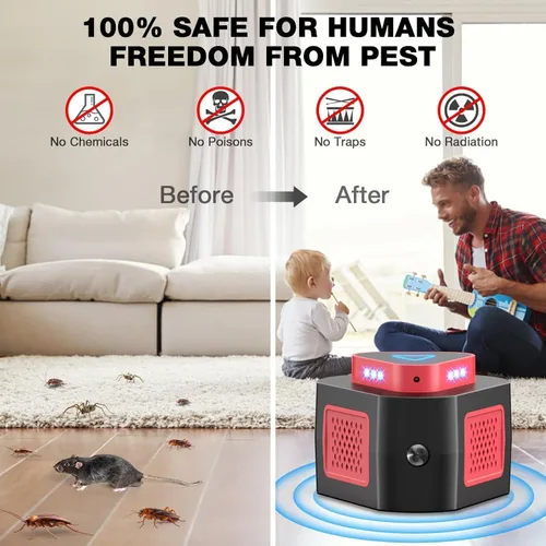 Miniatura 5 de Repelente ultrasónico para roedores, repelente de ratones para deshacerse de ratones, repelente electrónico permanente, 4 modos y luz intermitente