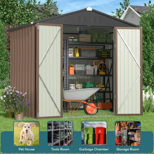 Miniatura 4 de Gizoon Cobertizo de almacenamiento para exteriores de 8 x 6 pies, cobertizo de jardín de metal galvanizado con puertas dobles con cerradura, Marrón