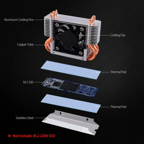Miniatura 7 de Disipador de calor SSD M.2 2280 de 12 V con ventilador de enfriamiento PWM de 1.575 in, tubos de calor de cobre y almohadilla térmica, enfriador SSD