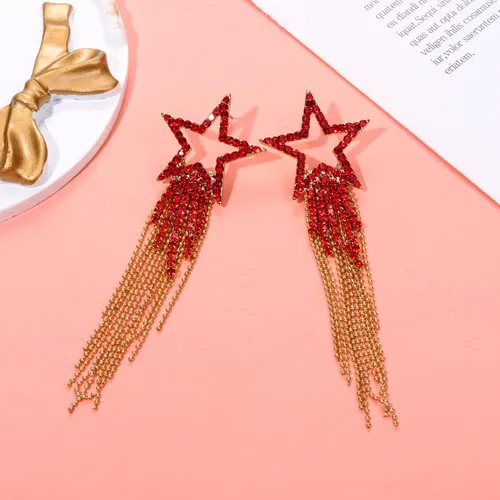 Miniatura 6 de Pendientes de borla para mujer, diseño de estrella, de cristal, estilo bohemio, cascada, con flecos, aretes colgantes