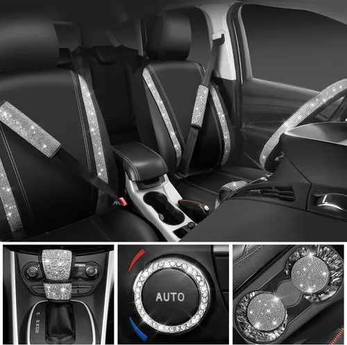 Miniatura 2 de CAR PASS Juego de fundas de asiento de coche con diamantes brillantes de 11 piezas, accesorios de coche con diamantes brillantes para mujer, funda