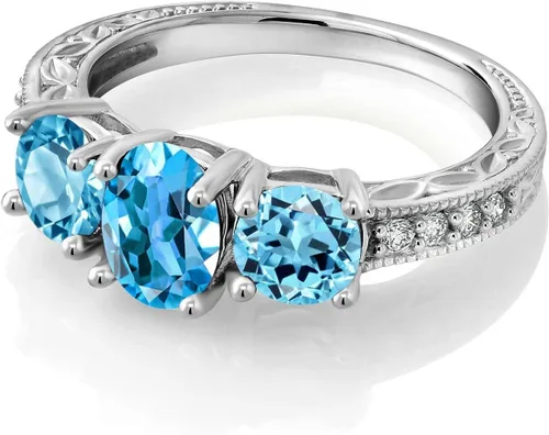 Miniatura 28 de Gem Stone King Anillo de compromiso de 3 piedras preciosas de oro blanco de 10 quilates con piedra natal y diamantes cultivados en laboratorio