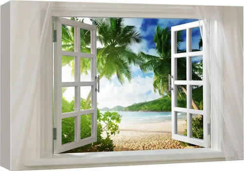 Miniatura 9 de wall26 - Cuadro en lienzo para pared, vista de ventana, atardecer neón, cielo, palmera tropical, playa, naturaleza, desierto, fotografía, realismo