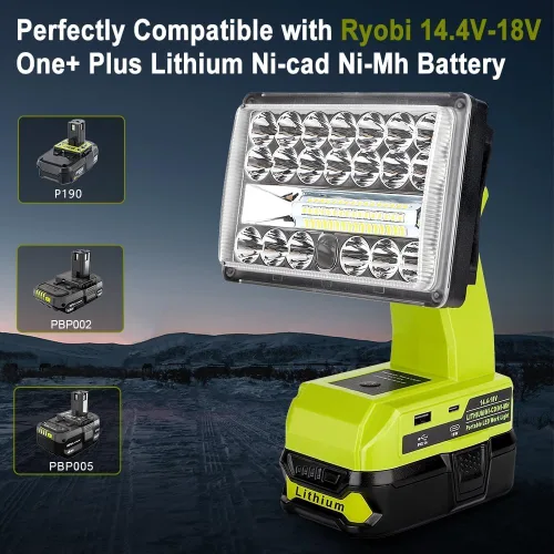 Miniatura 6 de Choerinton Luz de trabajo compatible con batería Ryobi de 18 V, luz de 18 W, portátil, inalámbrica, con puerto de carga USB, reflector LED