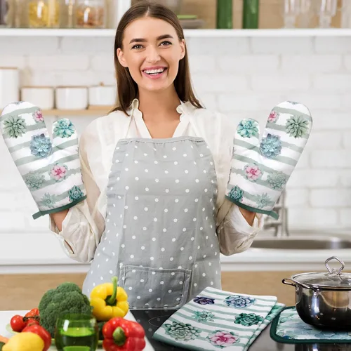 Miniatura 2 de Bencailor Juego de 6 toallas de cocina suculentas, soportes para ollas y guantes de horno de algodón suave, resistentes al calor, guantes de horno