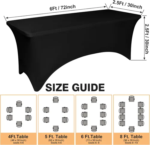 Miniatura 3 de Paquete de 2 manteles de elastano negro de 6 pies para mesas rectangulares, ajustado y elástico, lavable, resistente a las arrugas, perfecto